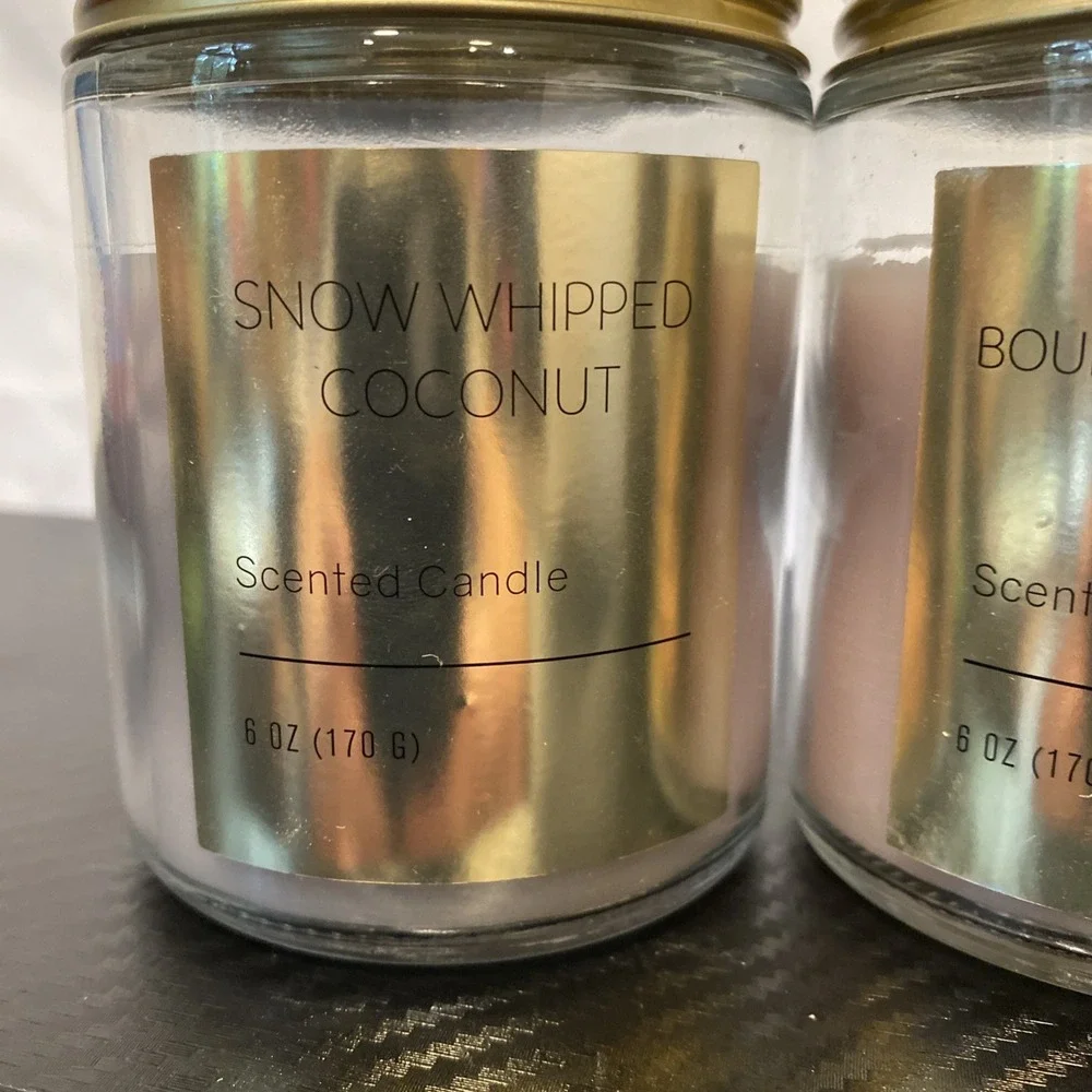 Set Of 2 Scented 6 oz Jar Candles Snow‎ Whipped Coconut & Bourbon Chestnut